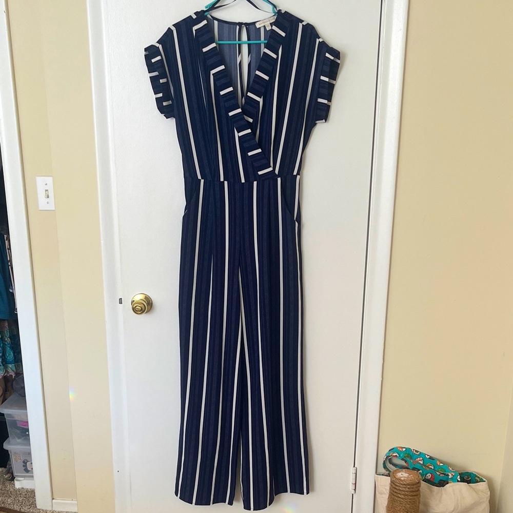 Monteau Los Angeles Navy and White Striped Jumpsuit Large